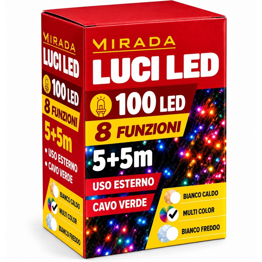 Luci di Natale 100 Led Multicolor Cavo Verde