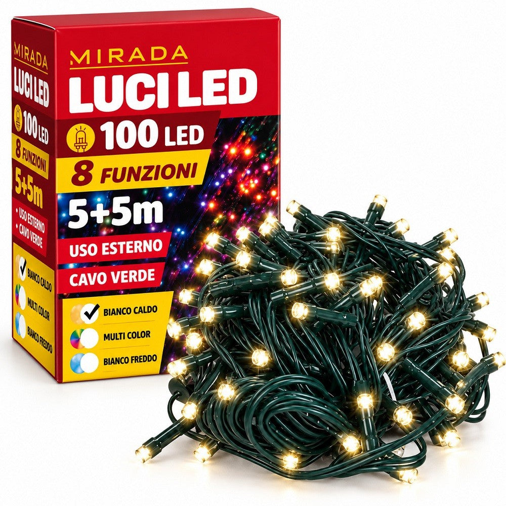 Luci di Natale 100 Led Bianco Caldo Cavo Verde - immagine 2