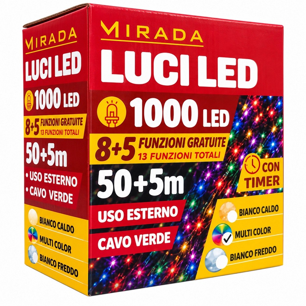 Luci di Natale 1000 Led Multicolor Cavo Verde