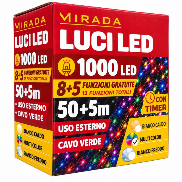 Luci di Natale 1000 Led Multicolor Cavo Verde