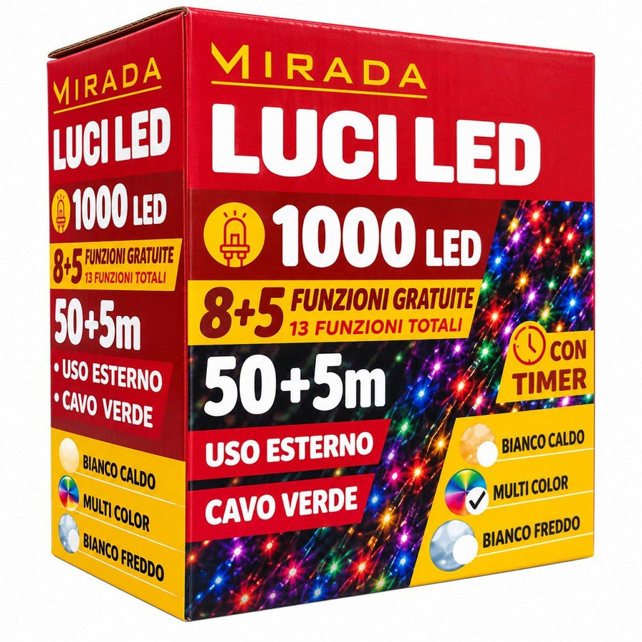 Luci di Natale 1000 Led Multicolor Cavo Verde