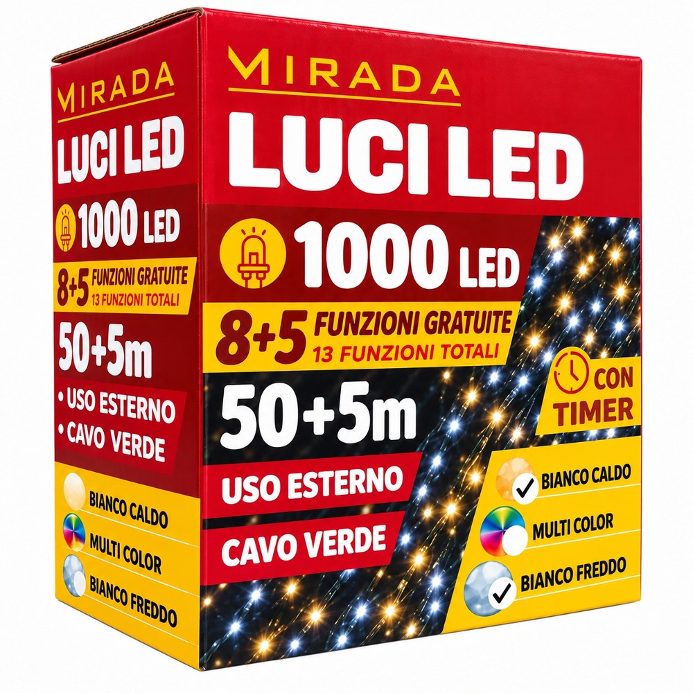 Luci di Natale 1000 Led bianco caldo/freddo cavo verde