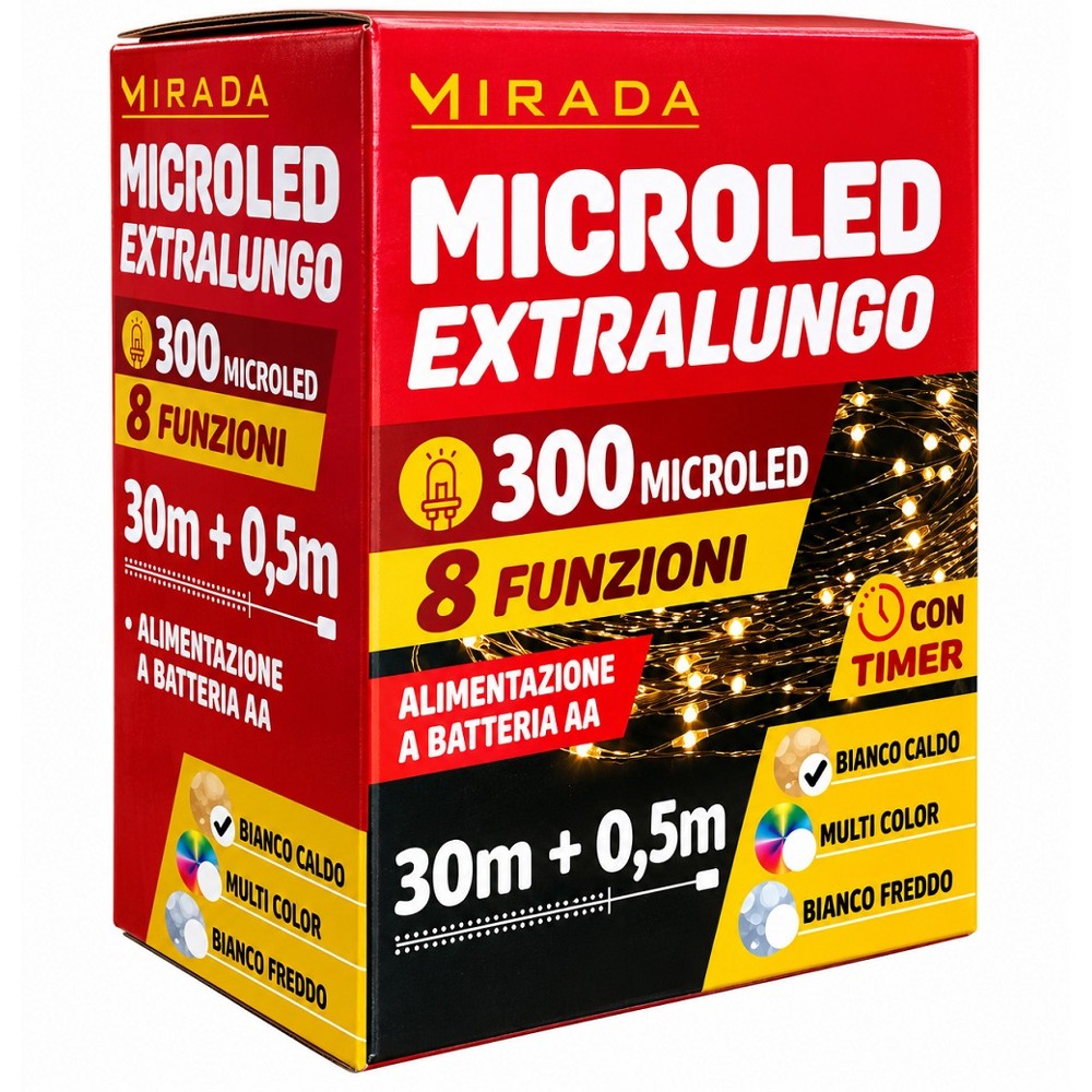 Luci di Natale 300 Microled a Batteria Bianco Caldo 30X0,5 mt