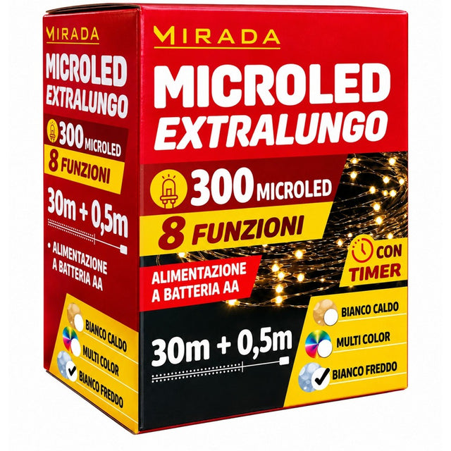Luci di Natale 300 Microled a Batteria Bianco Freddo 30X0,5 mt