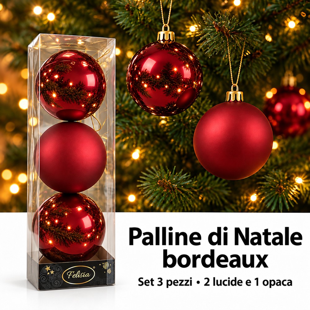 Pallina di natale Burgundy 10 cm set 3 pz lucide/opache